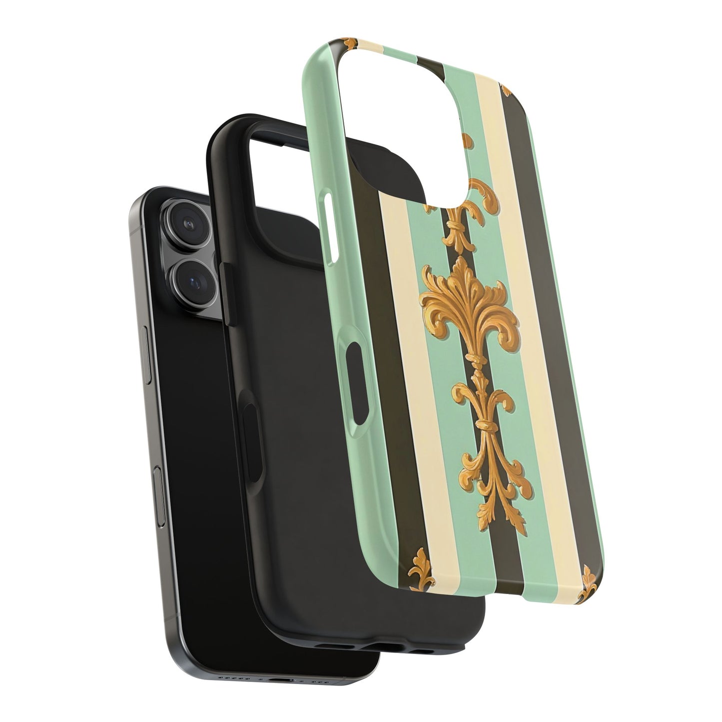 Elegant Floral Tough Phone Cases - Stylish Protection for All Occasions, Gifts for Her, Phone Covers - Black & Matte Mint Striped Rococo