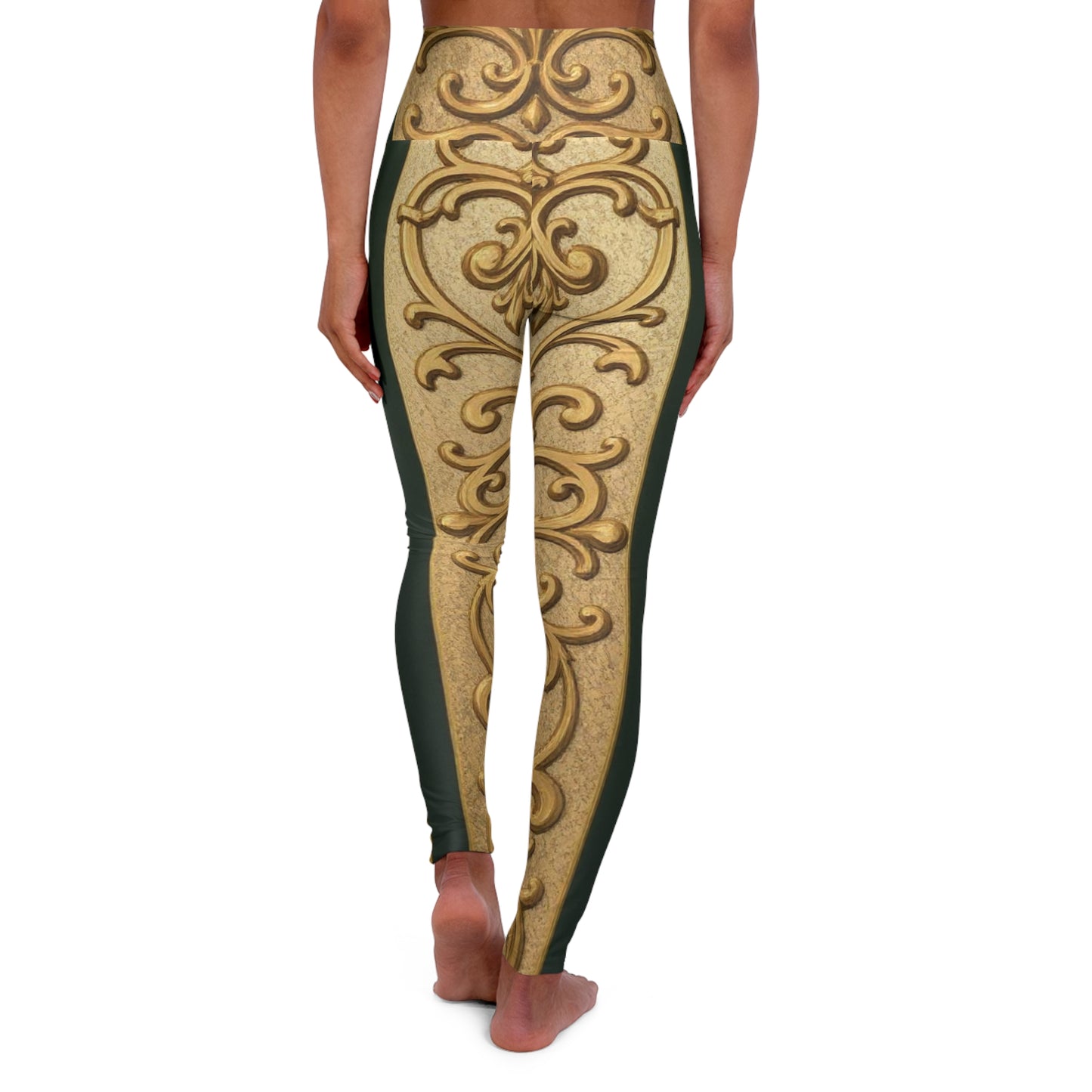 Ornate Teal Striped Gold Baroque High Waisted Yoga Leggings, Workout Pants, Activewear, Fitness Gear, Fashion Leggings, Gift for Yoga Lovers