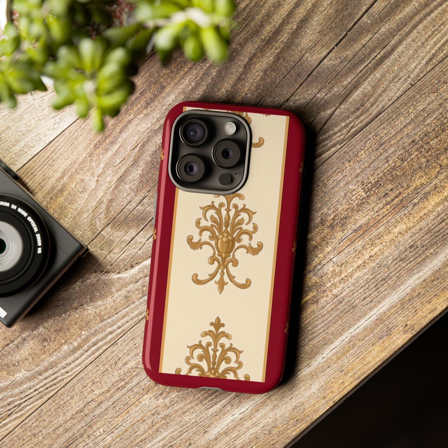 Elegant Floral Motif Phone Case - Tough Cases with Vintage Design - Dusk Red Striped Gold Damask