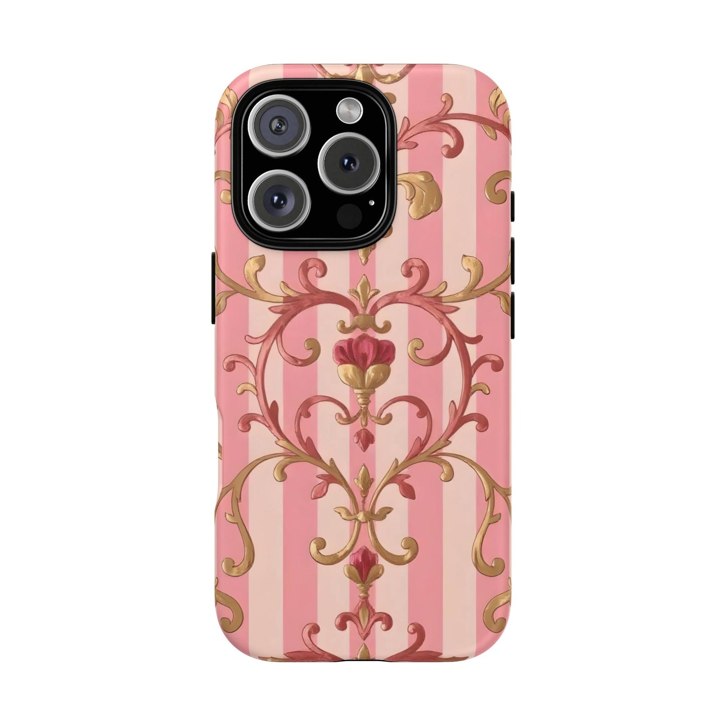 Elegant Floral Motif Phone Case - Tough Cases with Vintage Design - Pink Striped Rose Gold Damask