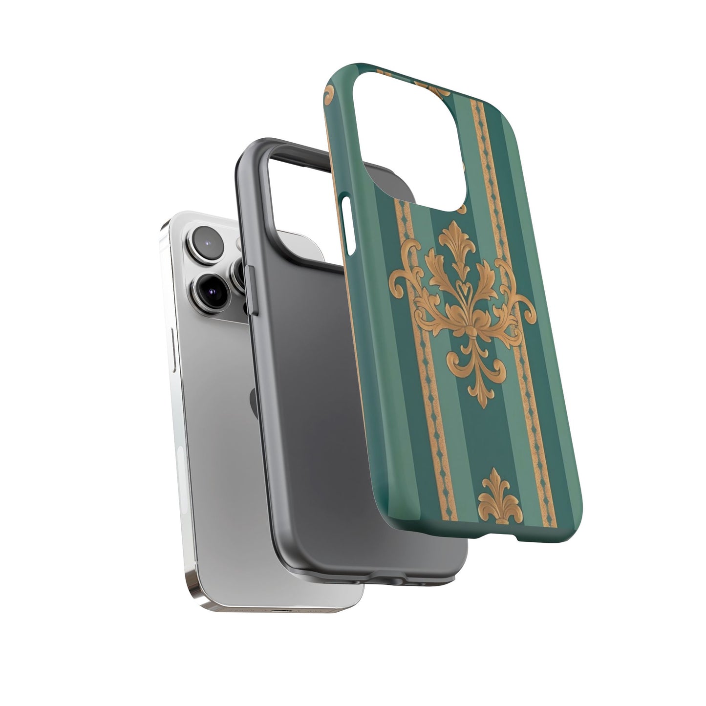 Elegant Floral Motif Phone Case - Tough Cases with Vintage Design - Teal Striped Gold Damask