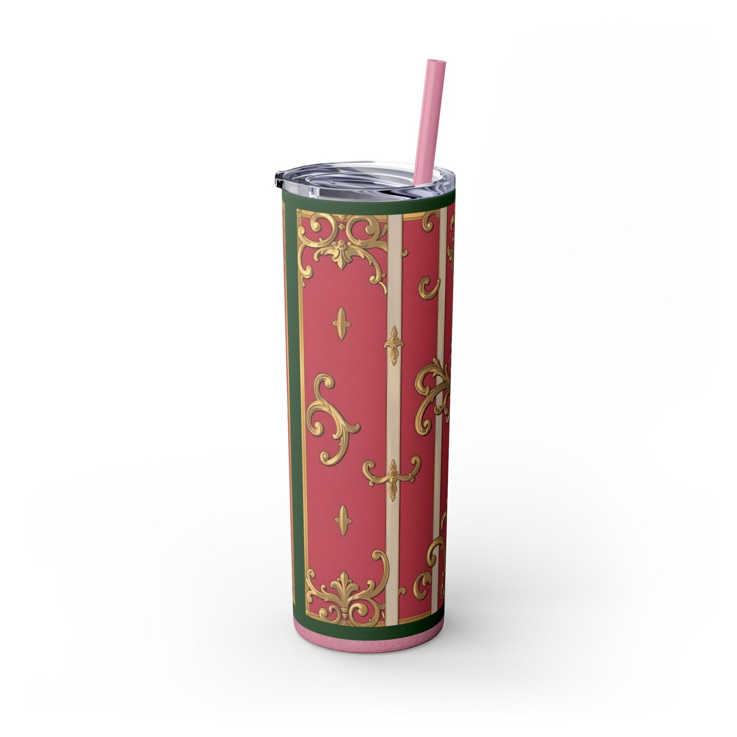 Elegant Green Border Pink Striped Baroque Skinny Tumbler with Straw, Reusable Travel Mug, Gift for Her, Fashionable Drinkware