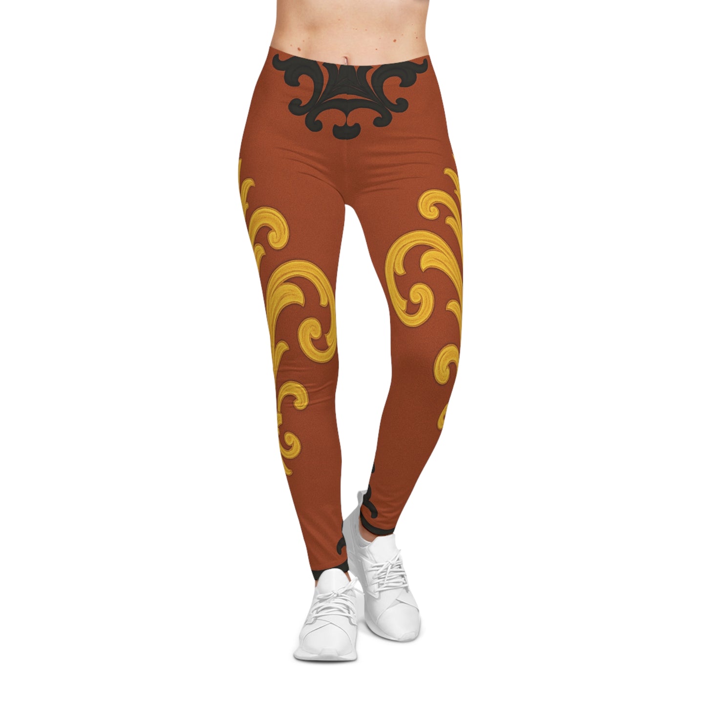 Dusk Terracotta Baroque Scroll Print Leggings — Terracotta & Gold Floral AOP