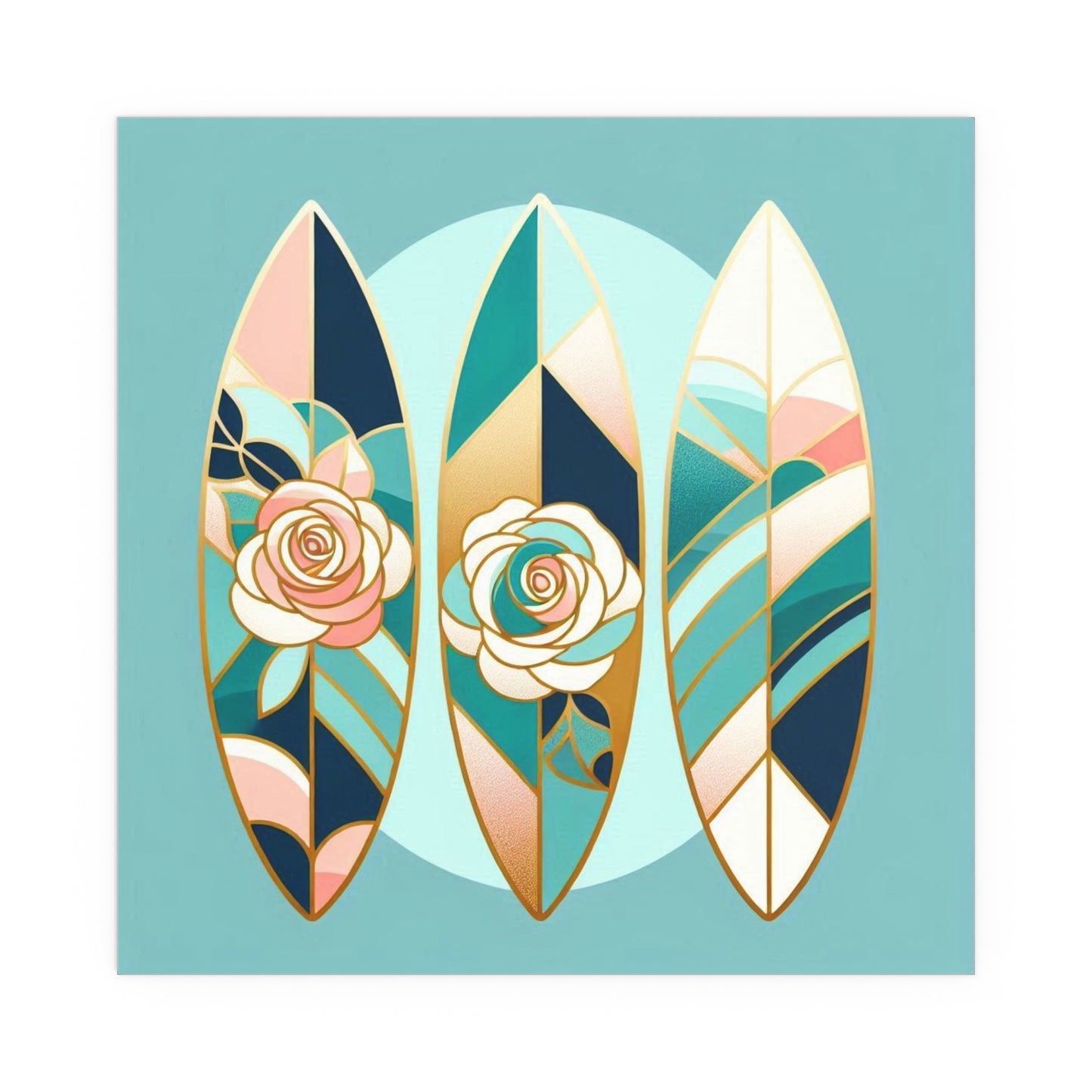 Elegant Floral Silk Poster - Indoor/Outdoor Wall Art for Home Decor - Blue, Pink & Aqua Surfboard & Roses