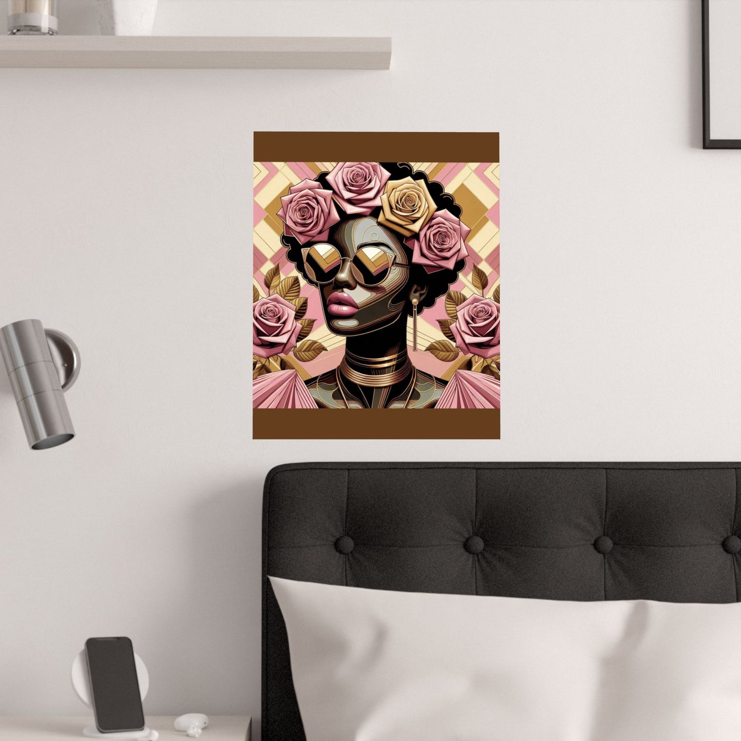 Elegant Satin Poster | Black Woman Art Print | Floral Decor | Modern Wall Art | Home Decor | Gift for Her | Pink Roses Lady