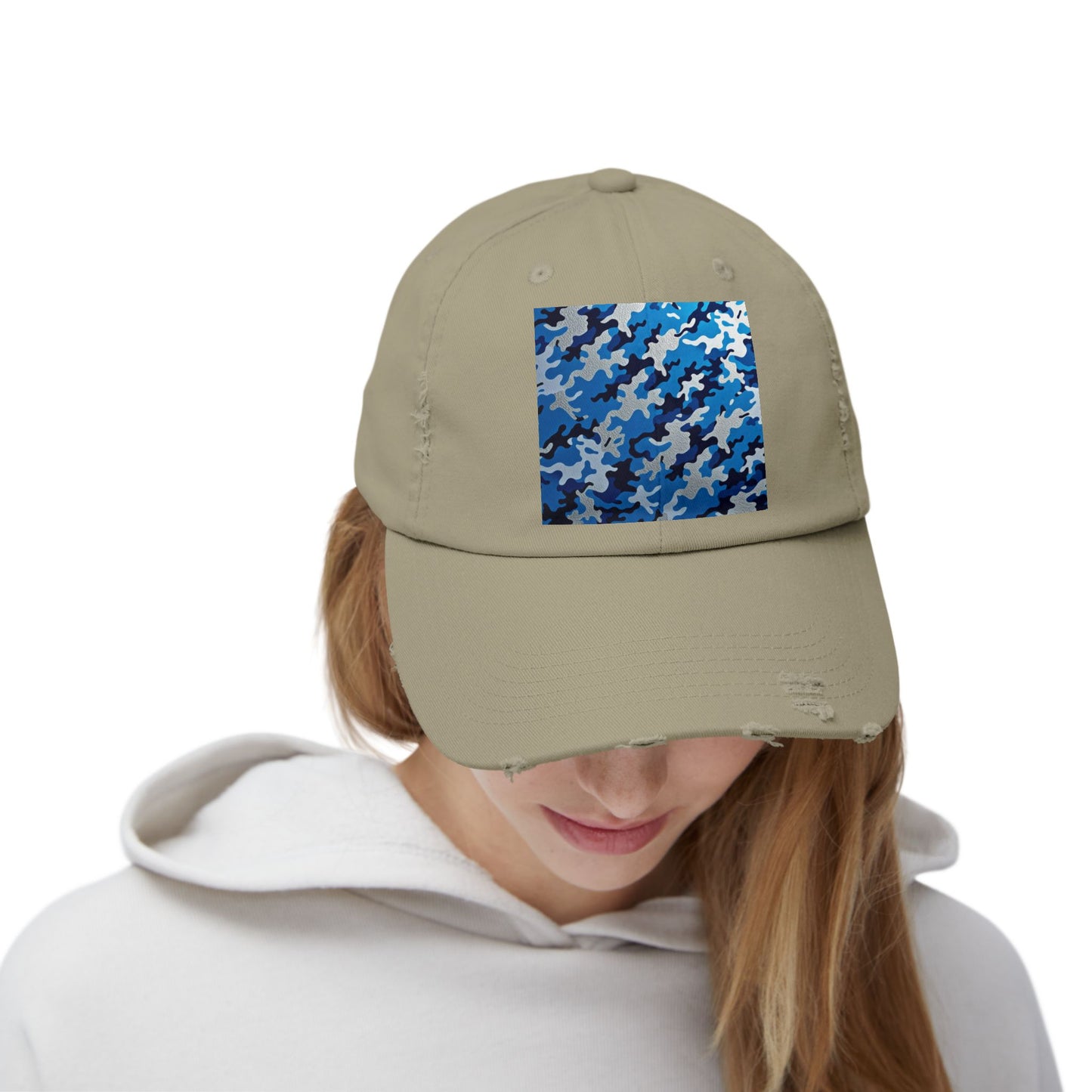 Stylish Unisex Distressed Cap, Casual Summer Hat, Trendy Gift for Him/Her, Comfortable Everyday Accessory - Blue Camo