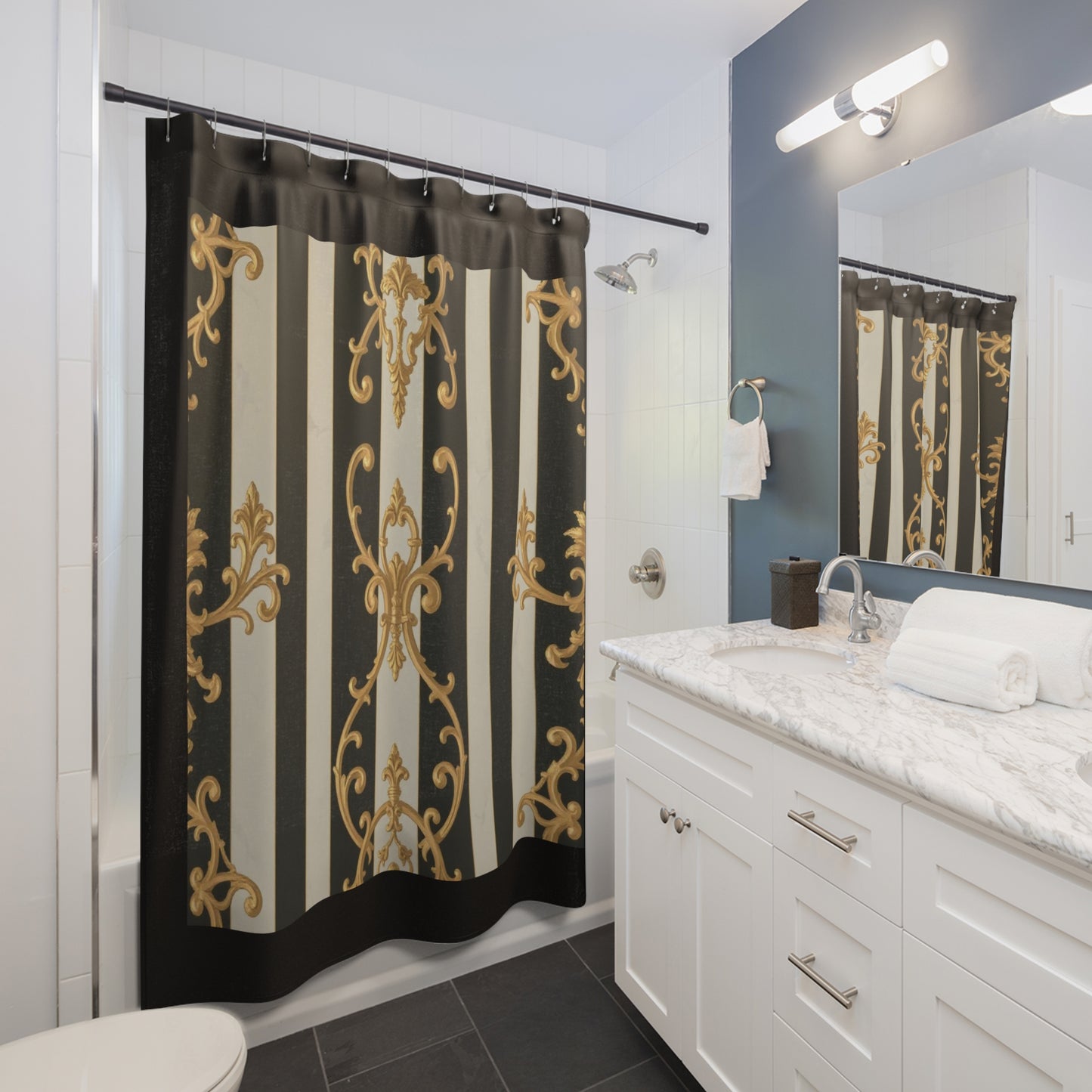 Elegant Black and Alabaster Striped Baroque Shower Curtains, Luxury Bathroom Decor, Modern Home Accents, Stylish Gift, Elegant Design
