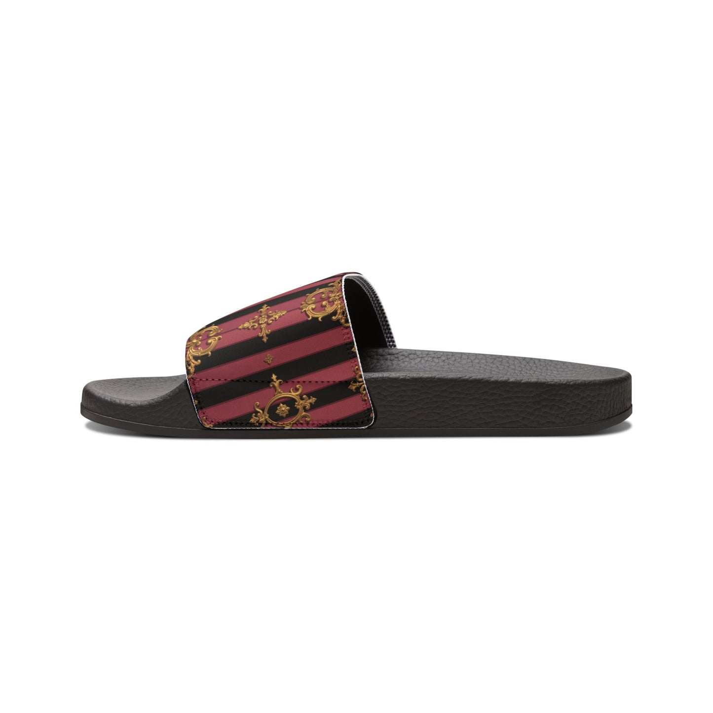 Chic Black & Mauve Striped Gold Baroque Women's Removable-Strap Sandals, Comfortable Summer Footwear