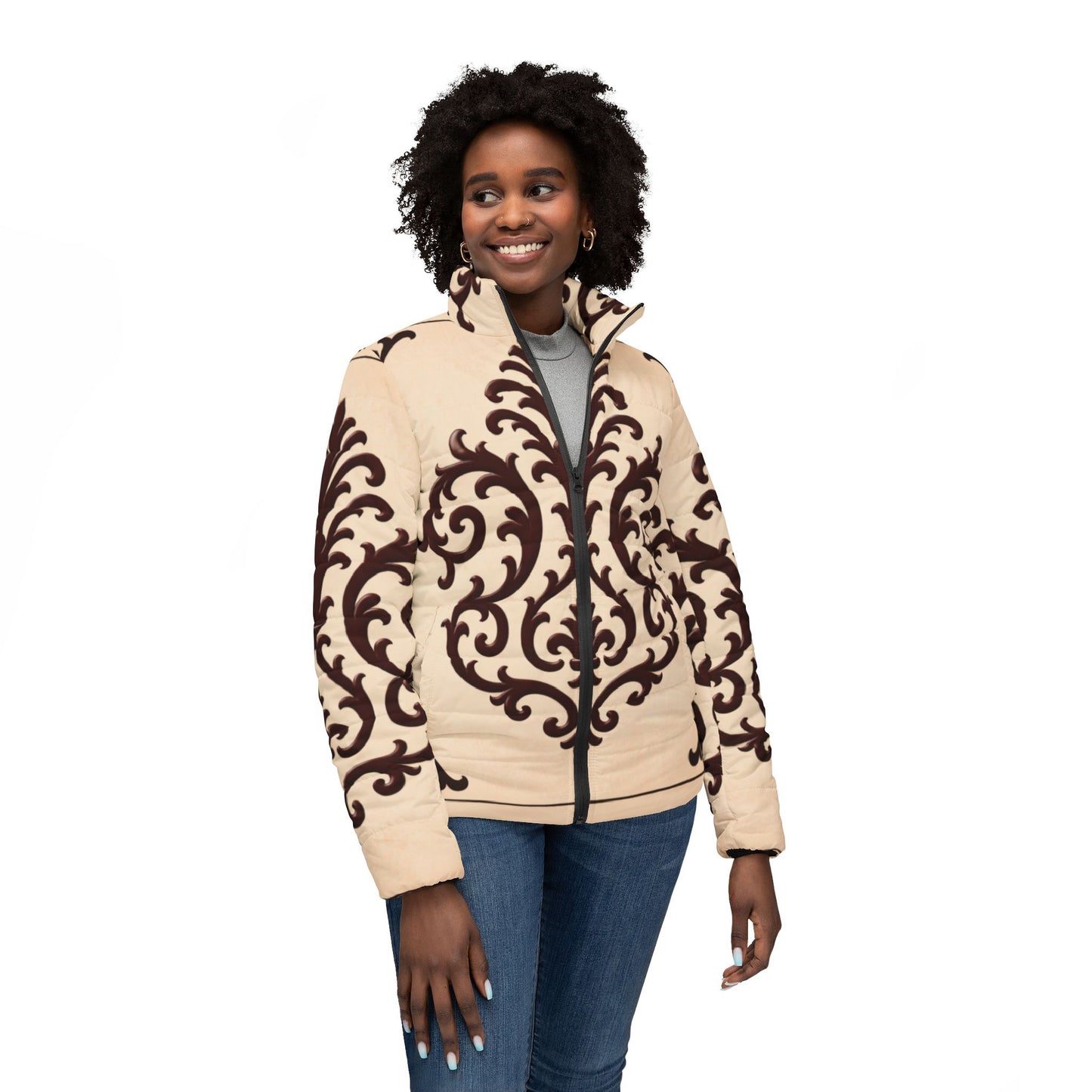 Almond-Beige & Brown Baroque Women’s Puffer Jacket — Baroque Scroll Print