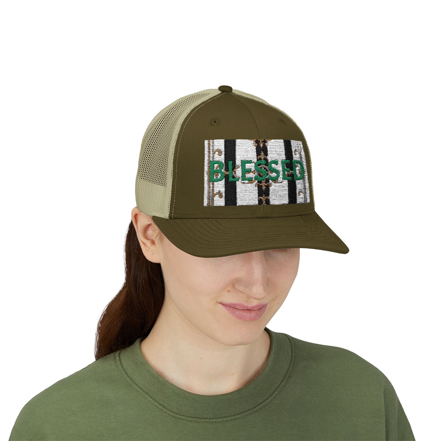 Blessed Snapback Trucker Cap | Casual Style, Outdoor Gear, Faith-Based Gift, Adjustable Hat, Everyday Fashion - Black & White Striped Gold Baroque