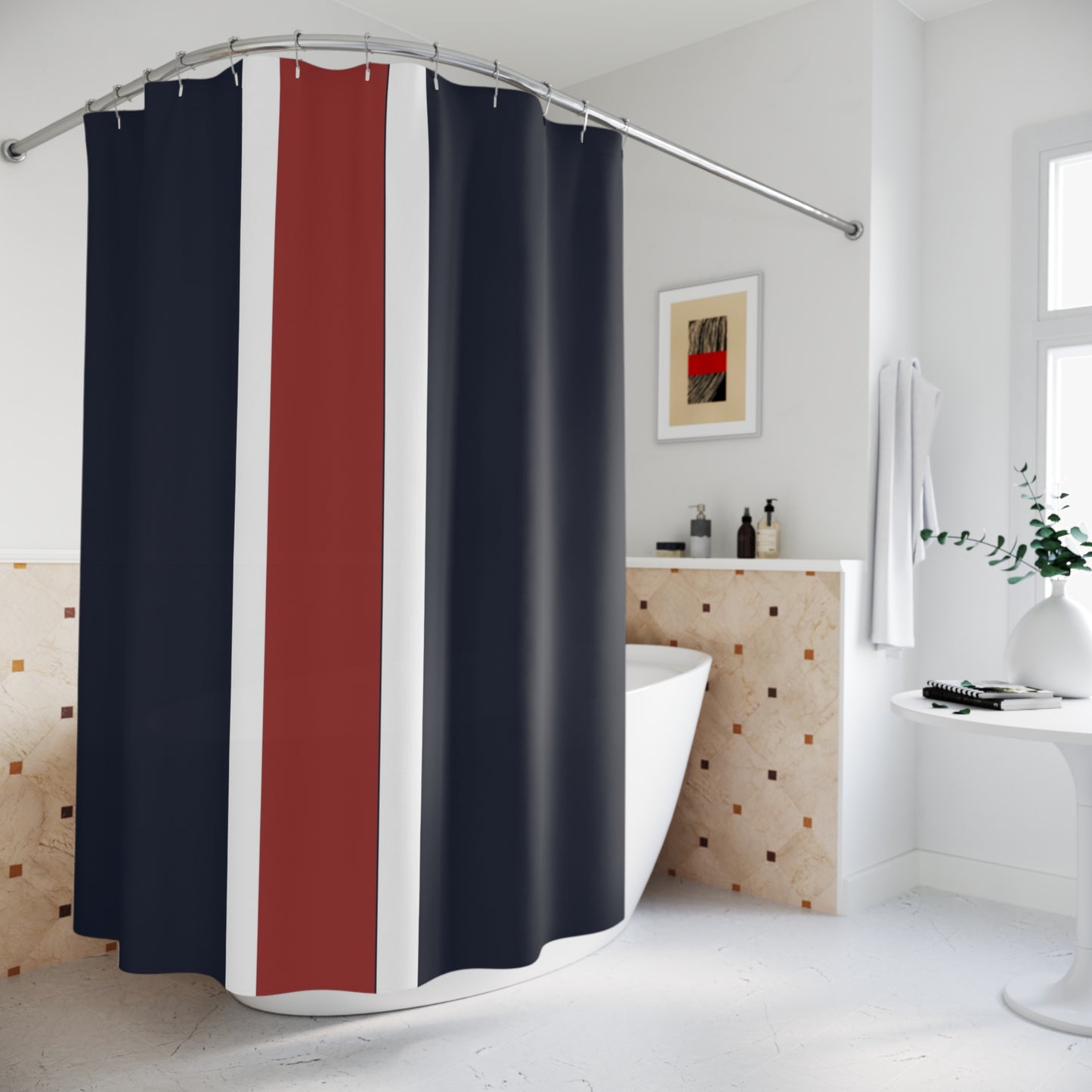 Lunar Midnight & Red-White Striped Stylish Modern Shower Curtain, Chic Bathroom Decor, Nautical Theme, Home Essentials, Gift for New Homeowners
