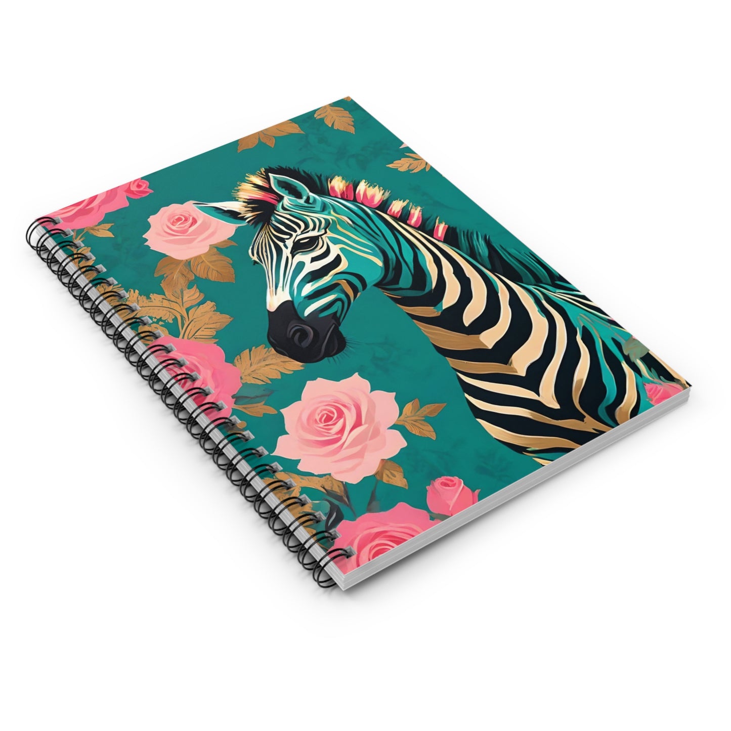 Elegant Vintage Spiral Notebook - Ruled Line with Teal & Gold Zebra & Roses