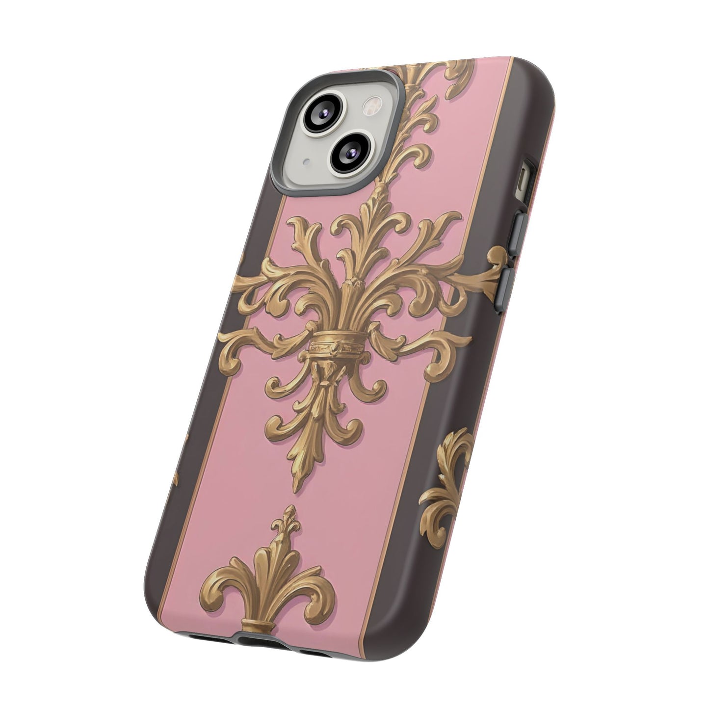 Elegant Floral Motif Phone Case - Tough Cases with Vintage Design - Pink & Brown Striped Gold Damask