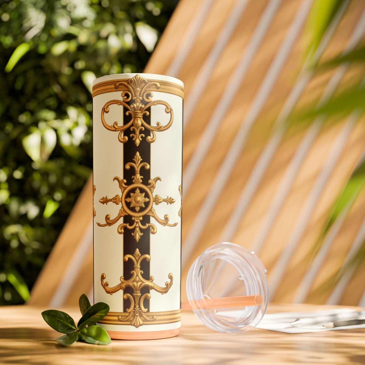 Elegant Gold Accents Skinny Tumbler, 20oz - Stylish Drinkware for Weddings, Parties, Gifts, or Everyday Use - Black & White Striped Gold Baroque