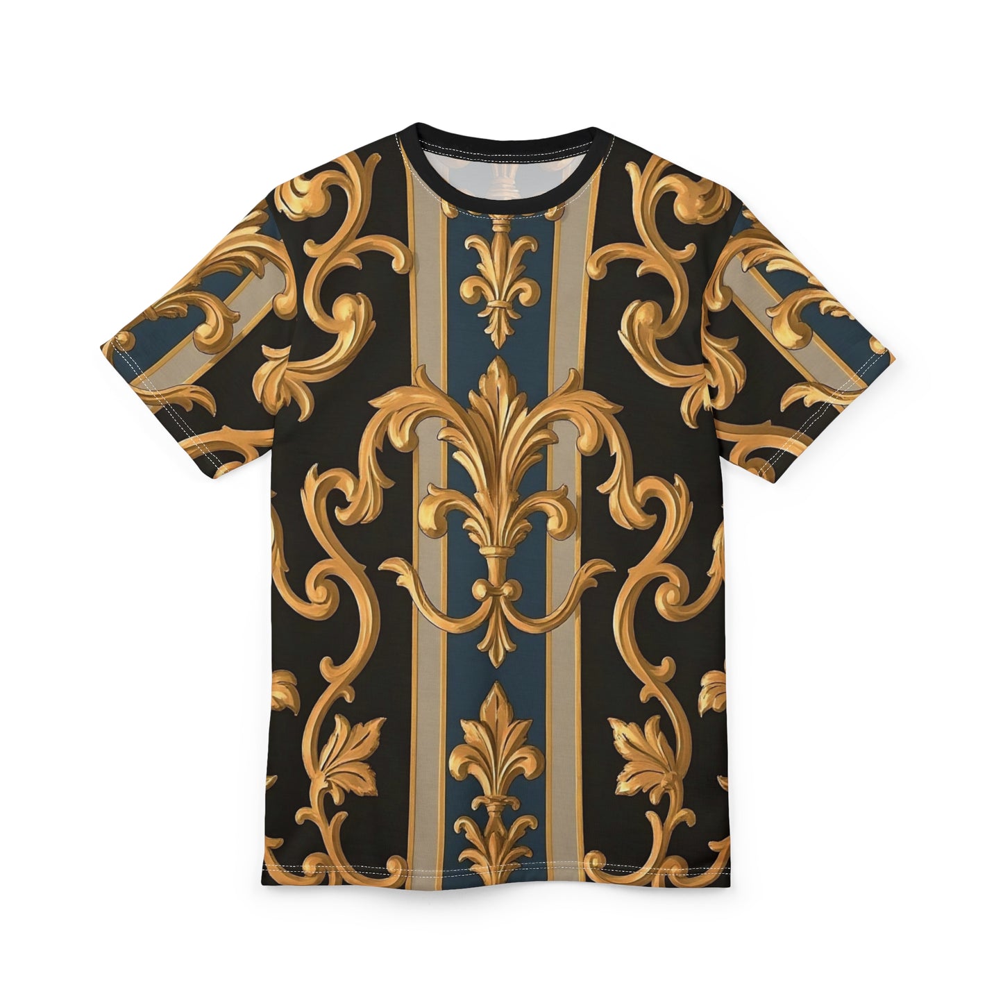 Luxurious Gold Pattern Tee, Stylish Graphic T-Shirt, Trendy Casual Wear, Fashionable Summer Top - Blue & Black Striped Rococo