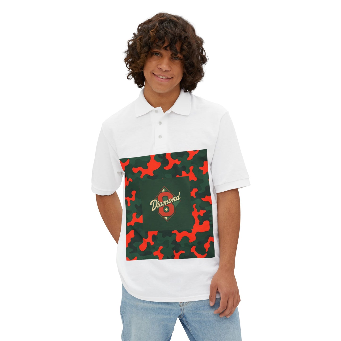 Stylish Men's Piqué Polo with Unique Diamond Camo Design - Casual Wear, Gifts for Him, Father's Day - Green & Orange Camo Diamond 8
