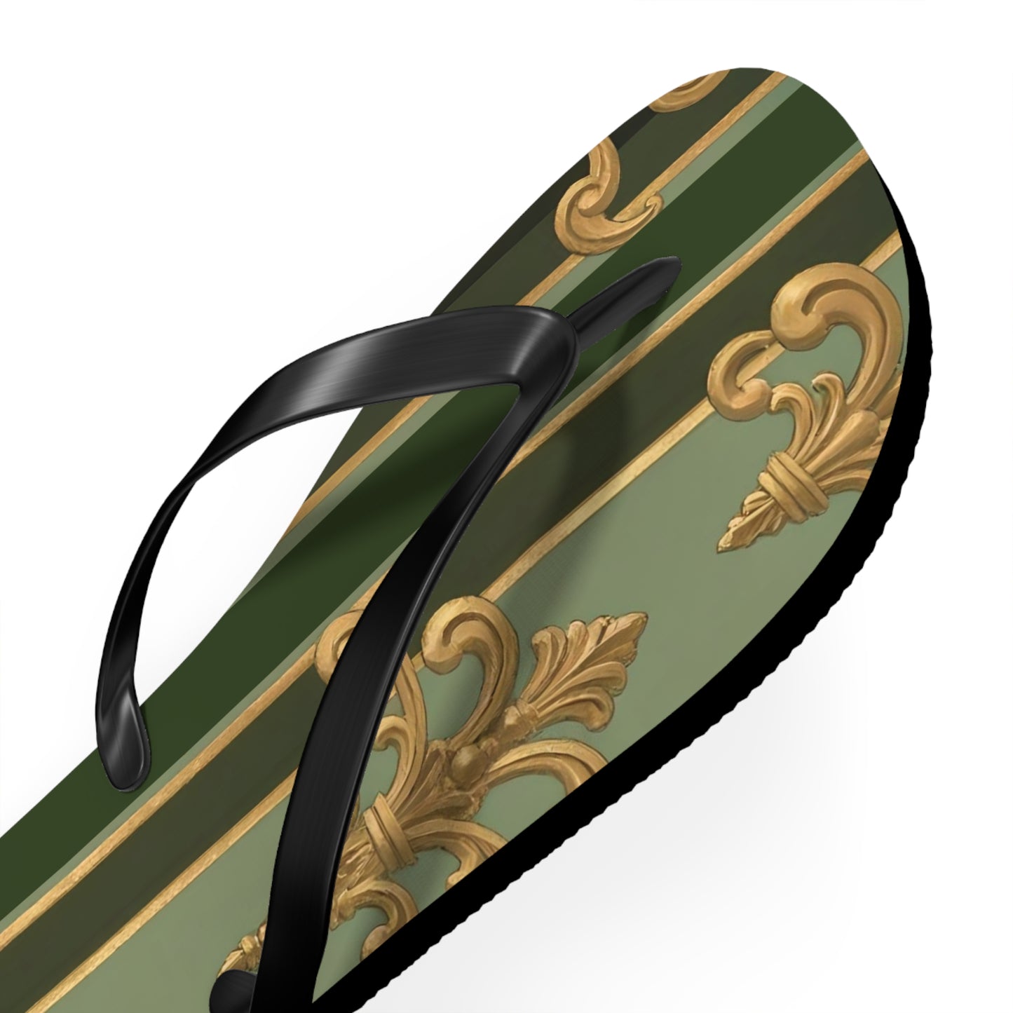 Elegant Vintage Flip Flops for Summer, Casual Sandals, Beachwear, Vacation Footwear, Summer Parties - Green Striped Gold Baroque