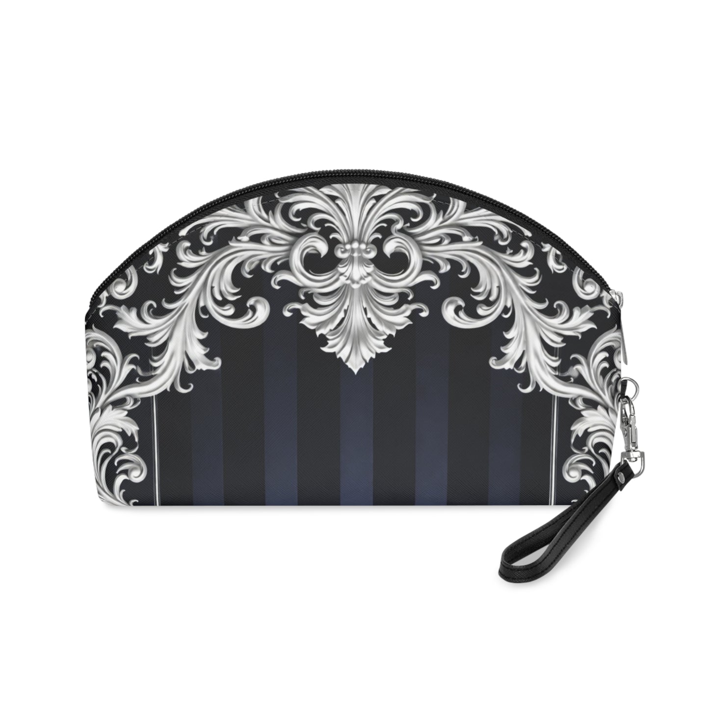 Navy Stripes & Baroque Makeup Bag — Elegant Navy & Silver Cosmetic Pouch