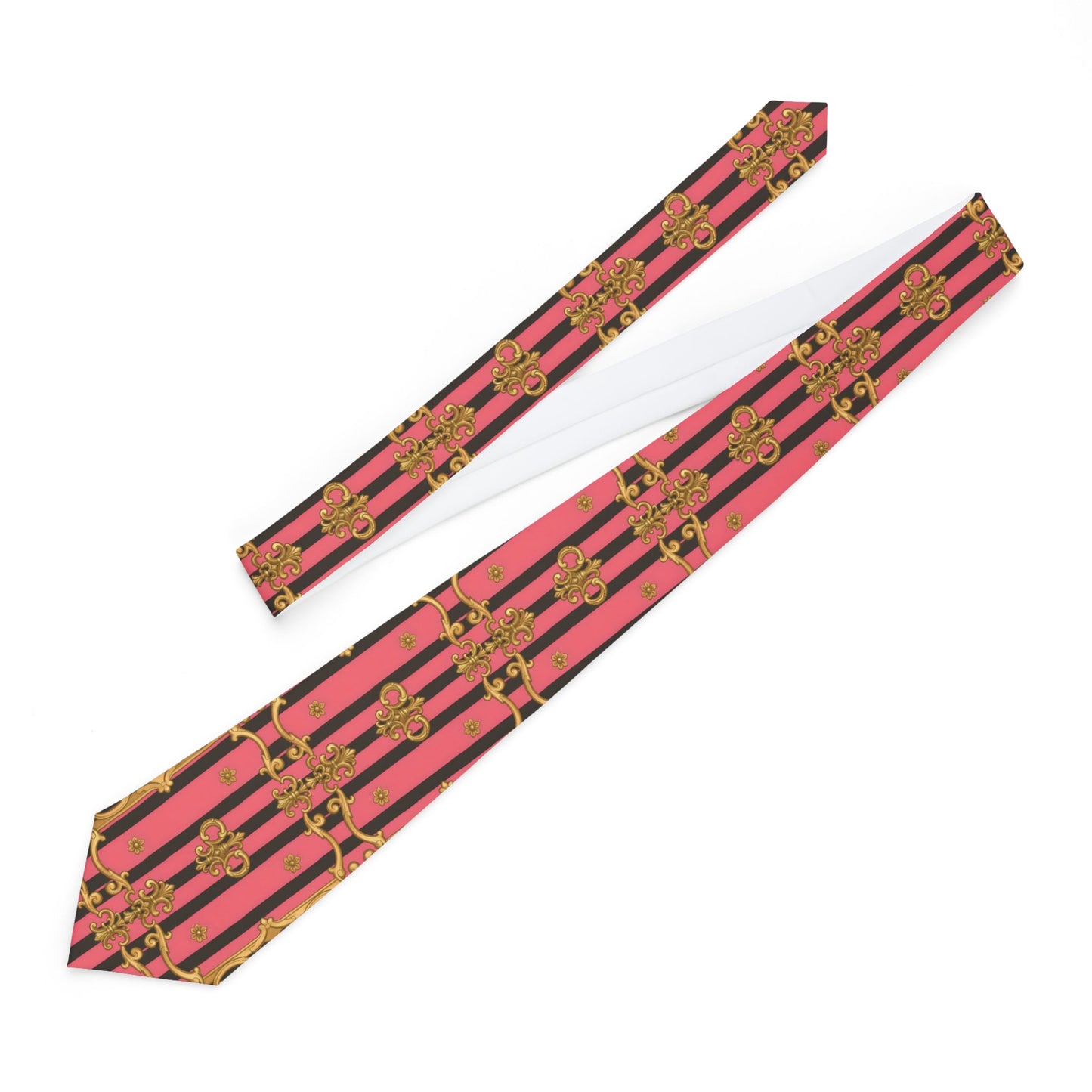 Stylish Necktie for Men, Bold Pattern Tie Gift, Formal Attire Accessory, Unique Neckwear for Weddings - Pink & Black Striped Gold Baroque
