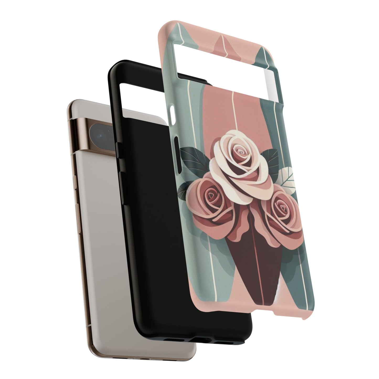 Phone Case - Burgundy, Matte Mauve & Teal Surfboard & Roses Design