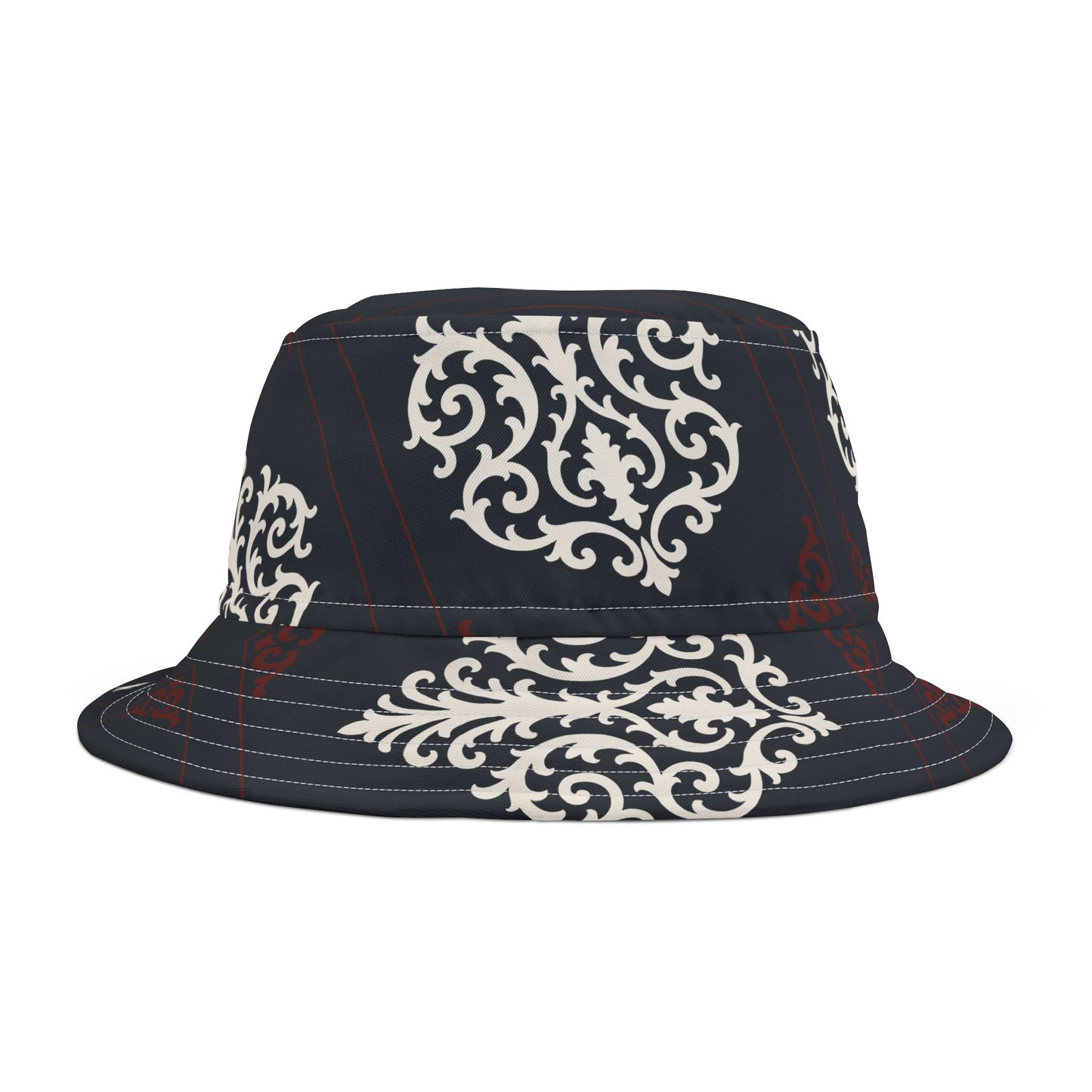 Dusk Blue & Maroon-White Baroque Bucket Hat — Vintage Ornamental Print