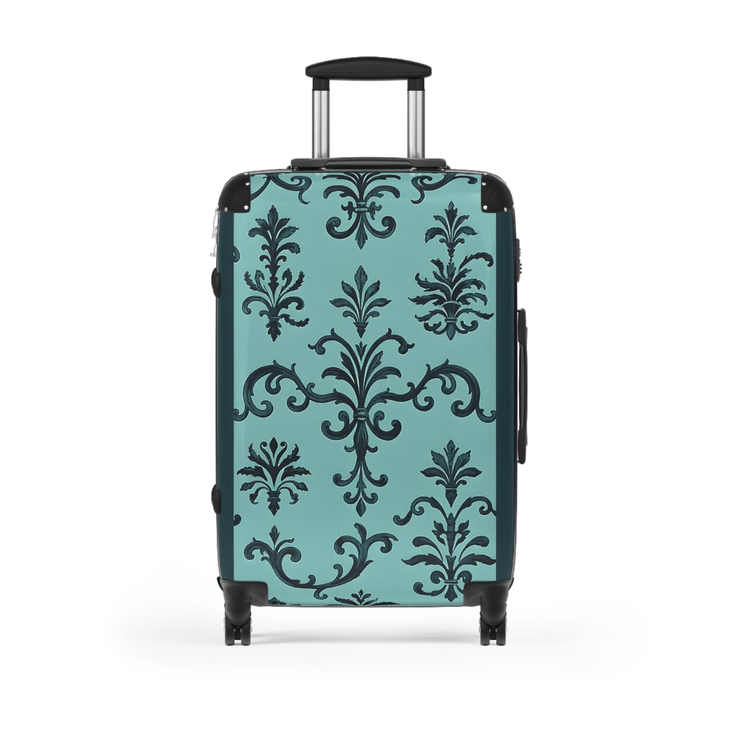 Elegant Damask Style Suitcase - Travel Luggage, Personalized Gift for Travelers, Stylish Carry-On for Vacations - Teal Striped Rococo