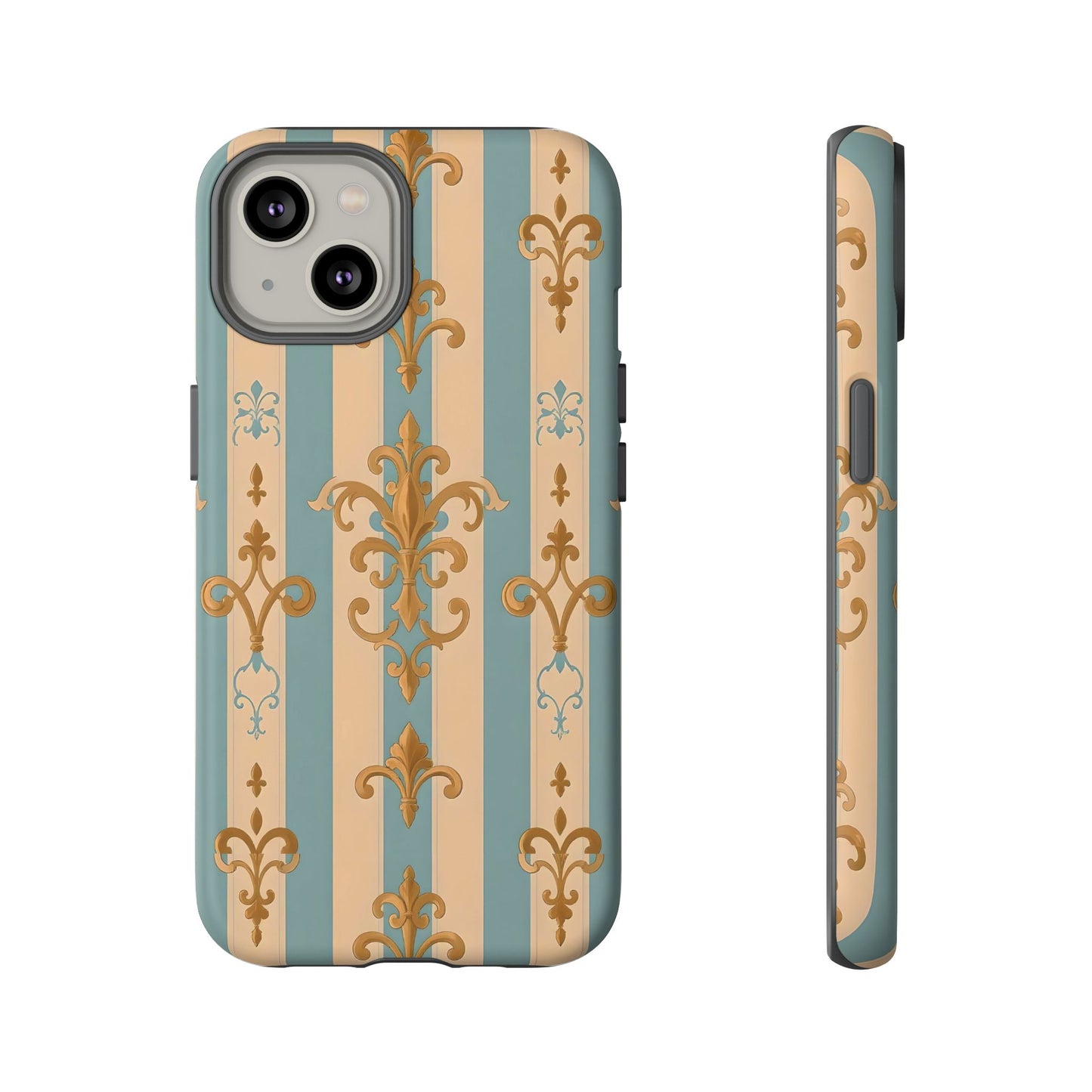 Elegant Floral Motif Phone Case - Tough Cases with Vintage Design -  Beige & Sky Blue Striped Gold Damask