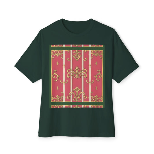 Chic Vintage-Inspired Oversized Tee, Green Border Pink Striped Baroque Fashion Tee, Casual Summer Shirt, Gift for Her, Stylish Oversized Top