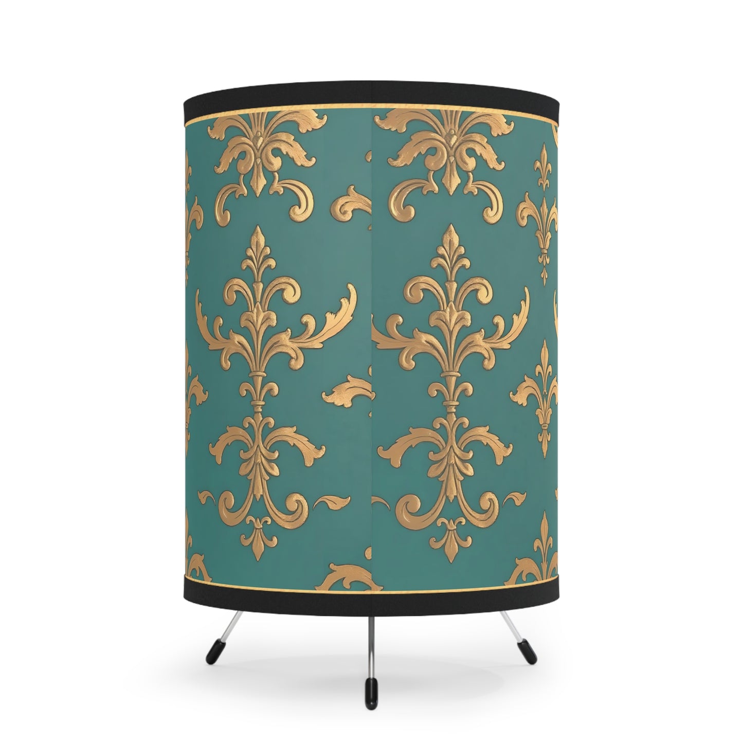 Elegant Tripod Lamp with Vintage Floral Print Shade - High-Res Home Accent - Aqua & Gold Damask