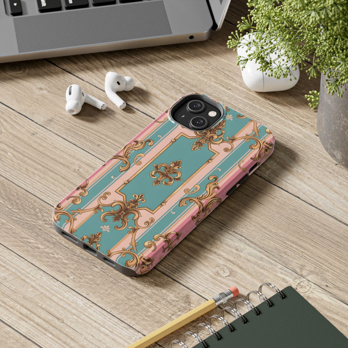 Elegant Floral Tough Phone Case, Artistic Phone Cover, Gift for Her, Chic Phone Accessory - Pink & Matte Turquoise Striped Rococo