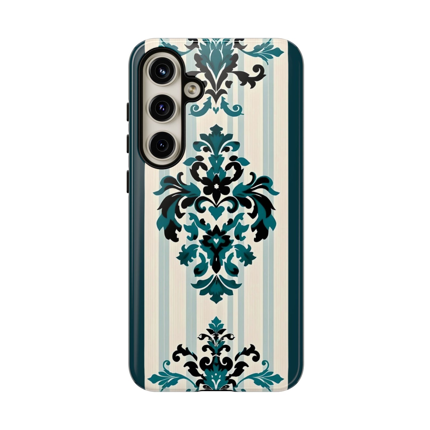 Elegant Floral Phone Case - Tough Cases with Vintage Design - Teal Striped Damask