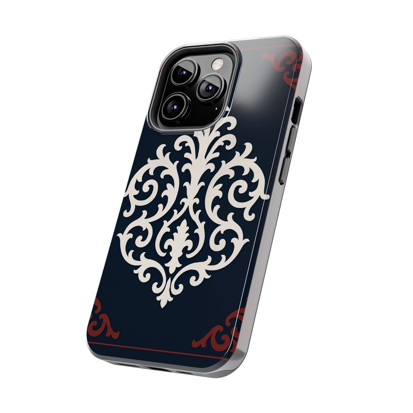 Dusk Blue-Maroon & White Baroque Tough Phone Case — Vintage Scroll Design