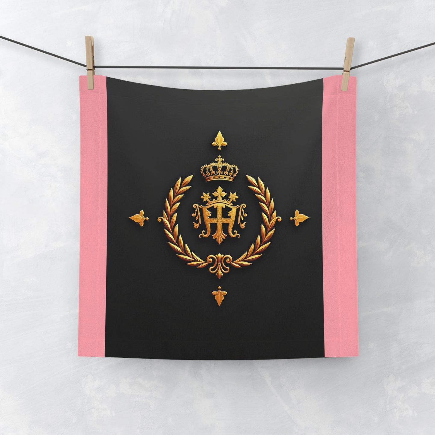 Elegant Face Towel with Royal Crest - Luxurious Bath Accessory, Gifts for Her, Home Essentials, Embellished Towel - Pink Striped Gold Crest