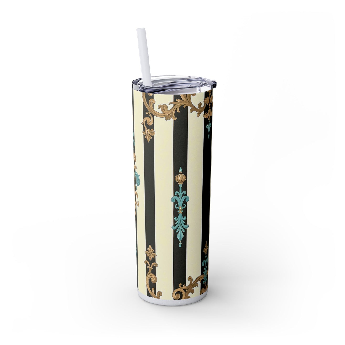 Elegant Stripe Skinny Tumbler | 20oz | Ideal Gift for Home, Office, Travel, Party, or Everyday Use - Black Striped Turquoise & Black Rococo