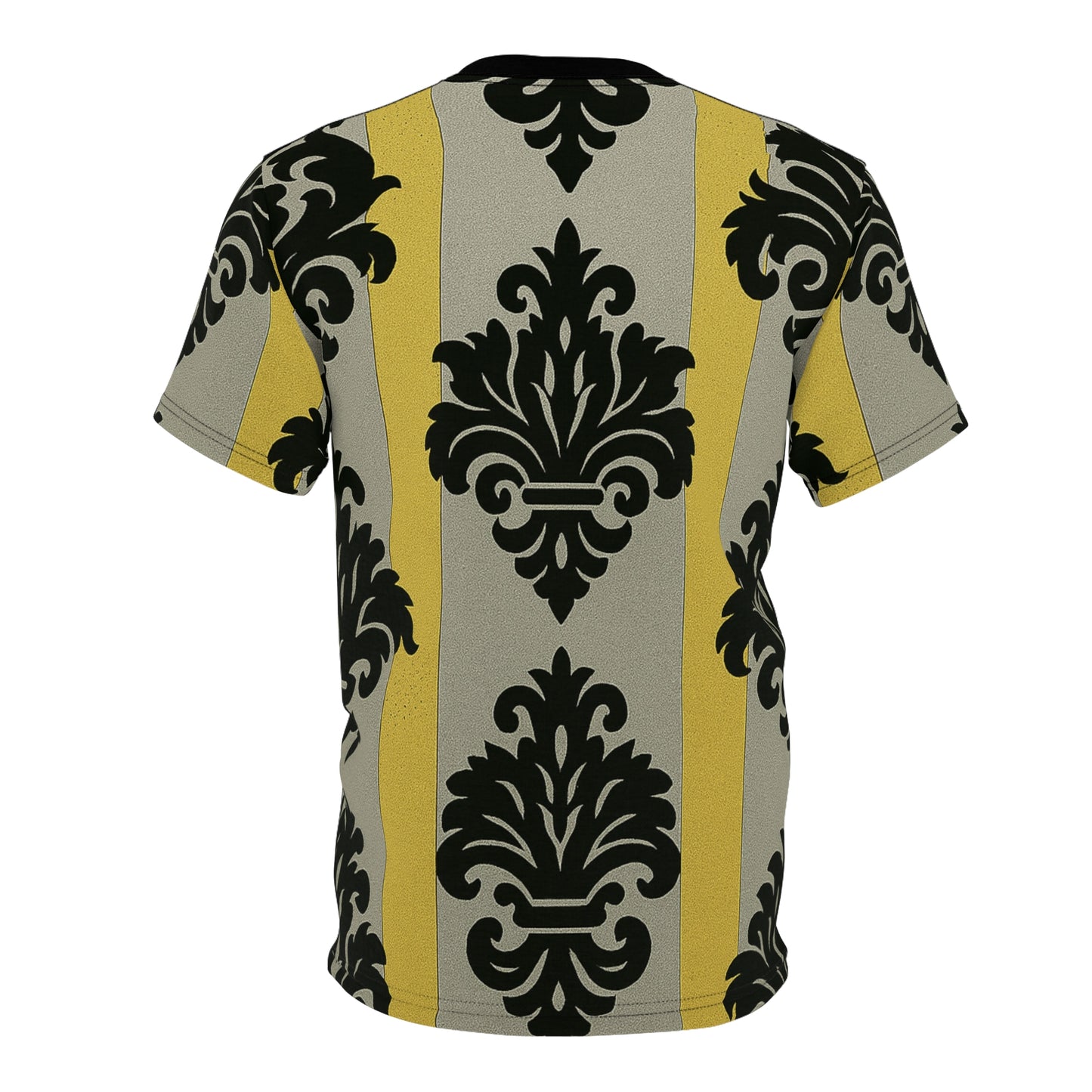Chic Statement Tee, Trendy Fashion Shirt, Unique Graphic Tee, Stylish Casual Top, Perfect Gift for Fashion Lovers - Silver & Gold Striped Black Baroque