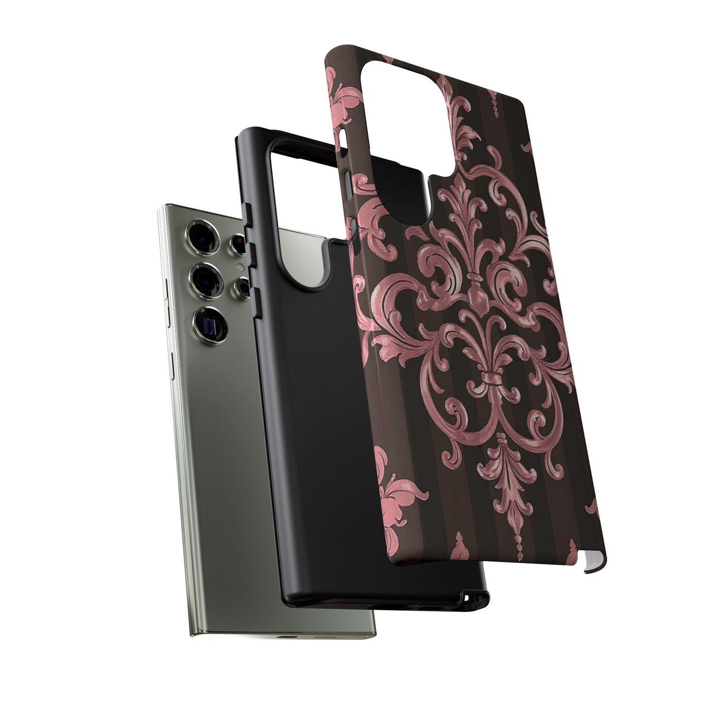 Elegant Floral Motif Phone Case - Tough Cases with Vintage Design - Brown Striped Mauve Damask
