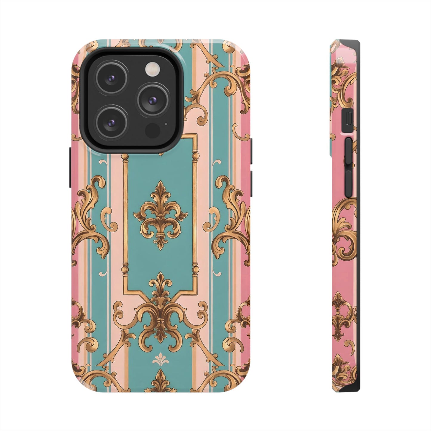 Elegant Floral Tough Phone Case, Artistic Phone Cover, Gift for Her, Chic Phone Accessory - Pink & Matte Turquoise Striped Rococo