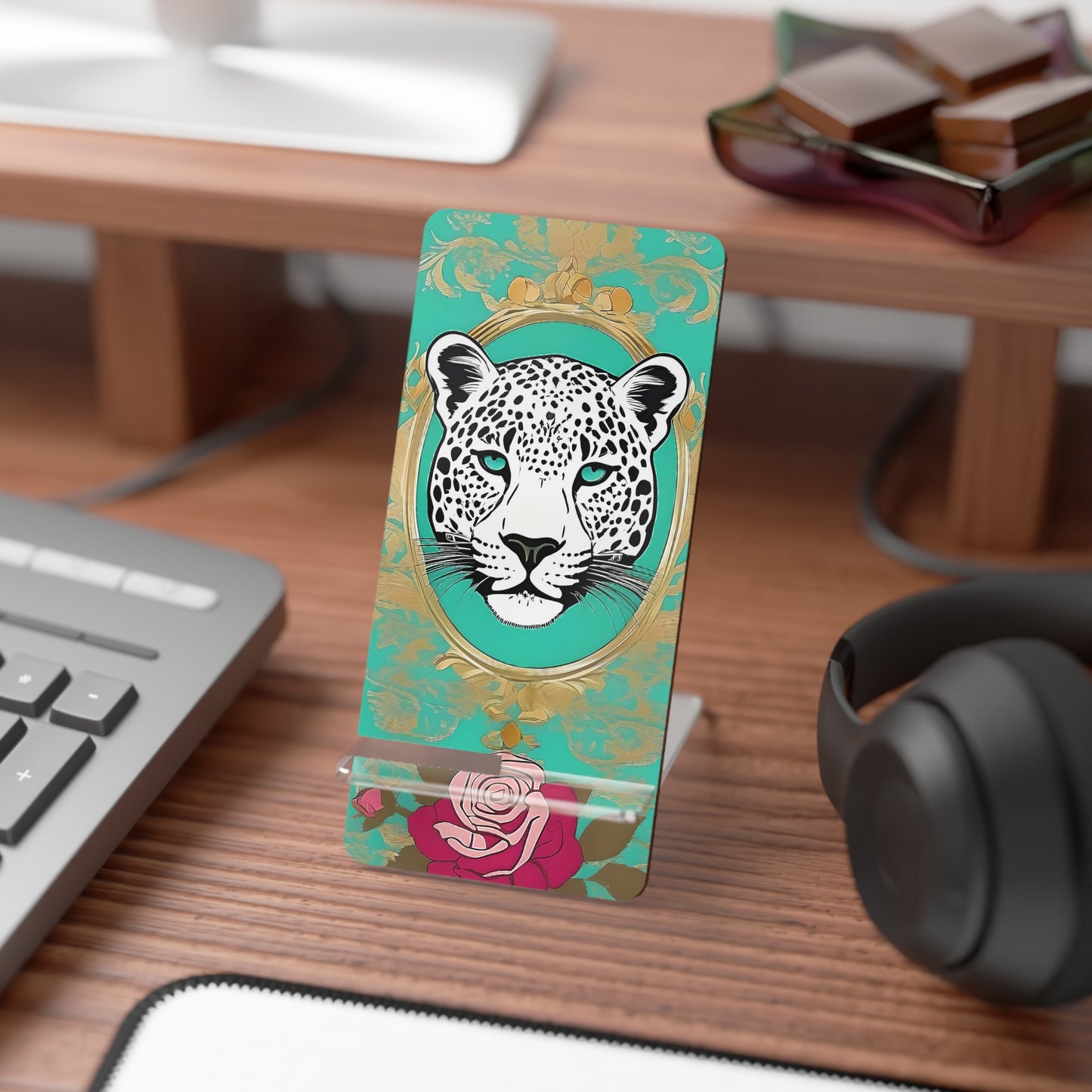 Elegant Floral Smartphone Display Stand - Leopard & Rose - Decorative Mobile Holder