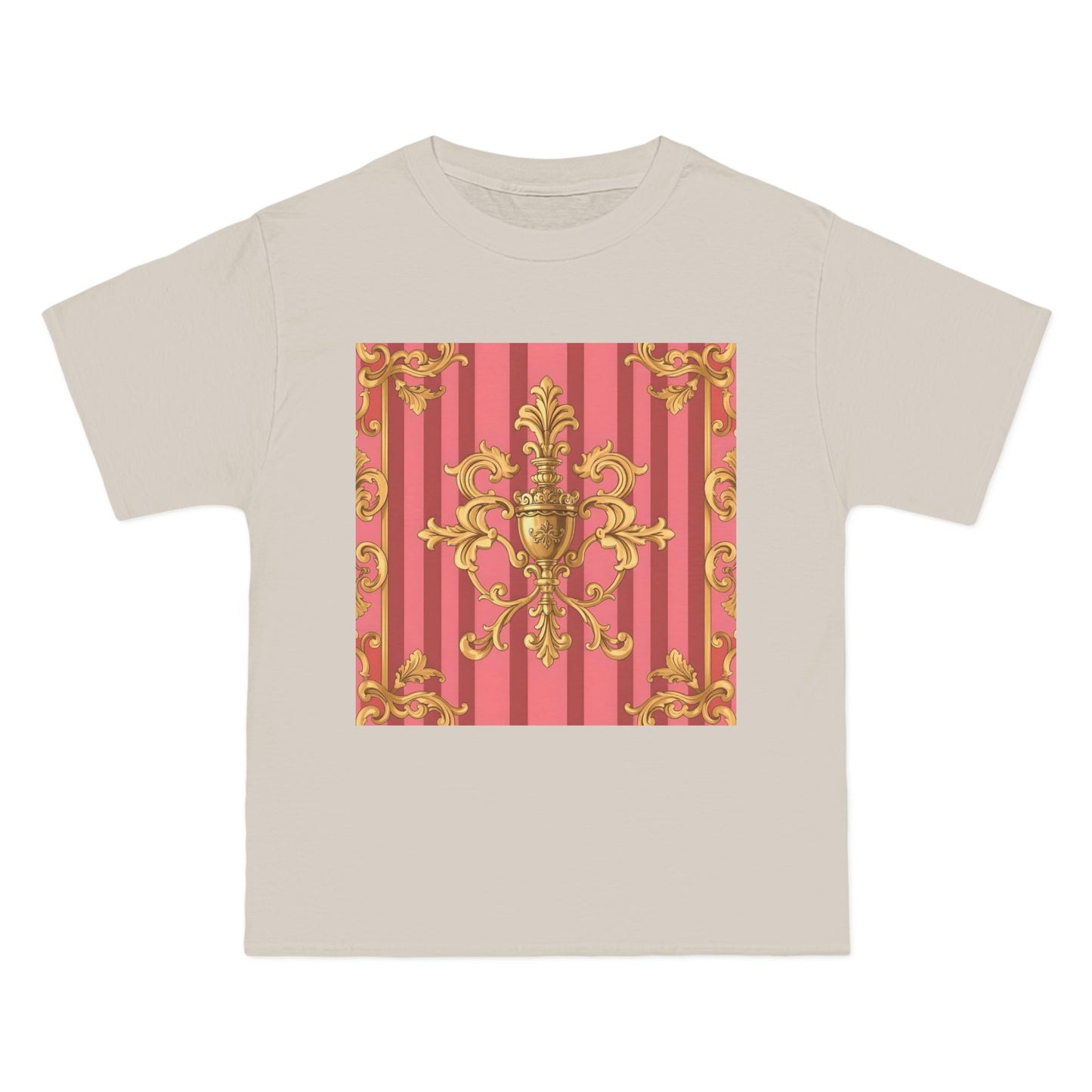 Chic Vintage Style Short-Sleeve T-Shirt - Elegant Baroque Design | Fashion Top, Gift for Her, Casual Wear - Pink Striped Gold Baroque