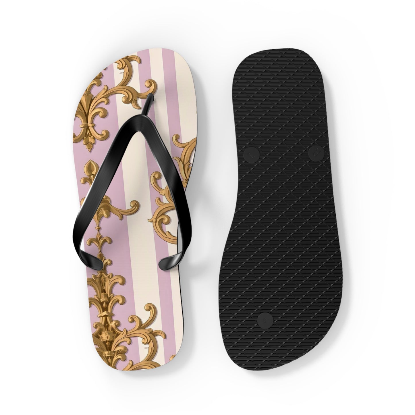 Chic Patterned Flip Flops for Stylish Summer Vibes, Beach Footwear, Vacation Sandals - Lilac & Alabaster Striped Gold Baroque