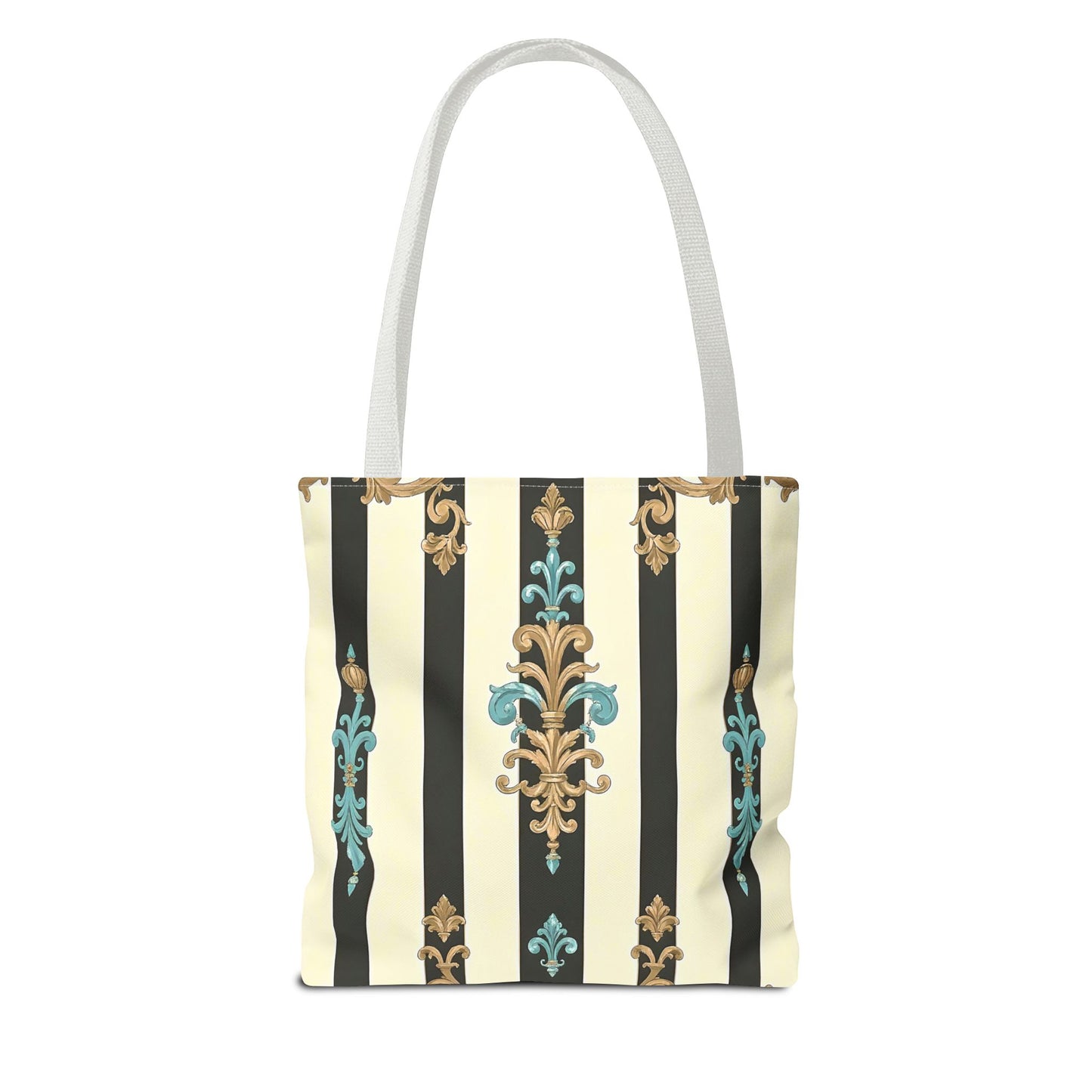 Elegant Stripe Pattern Tote Bag | Fashionable Reusable Shopping Tote, Eco-Friendly Gift Bag - Black Striped Turquoise & Black Rococo