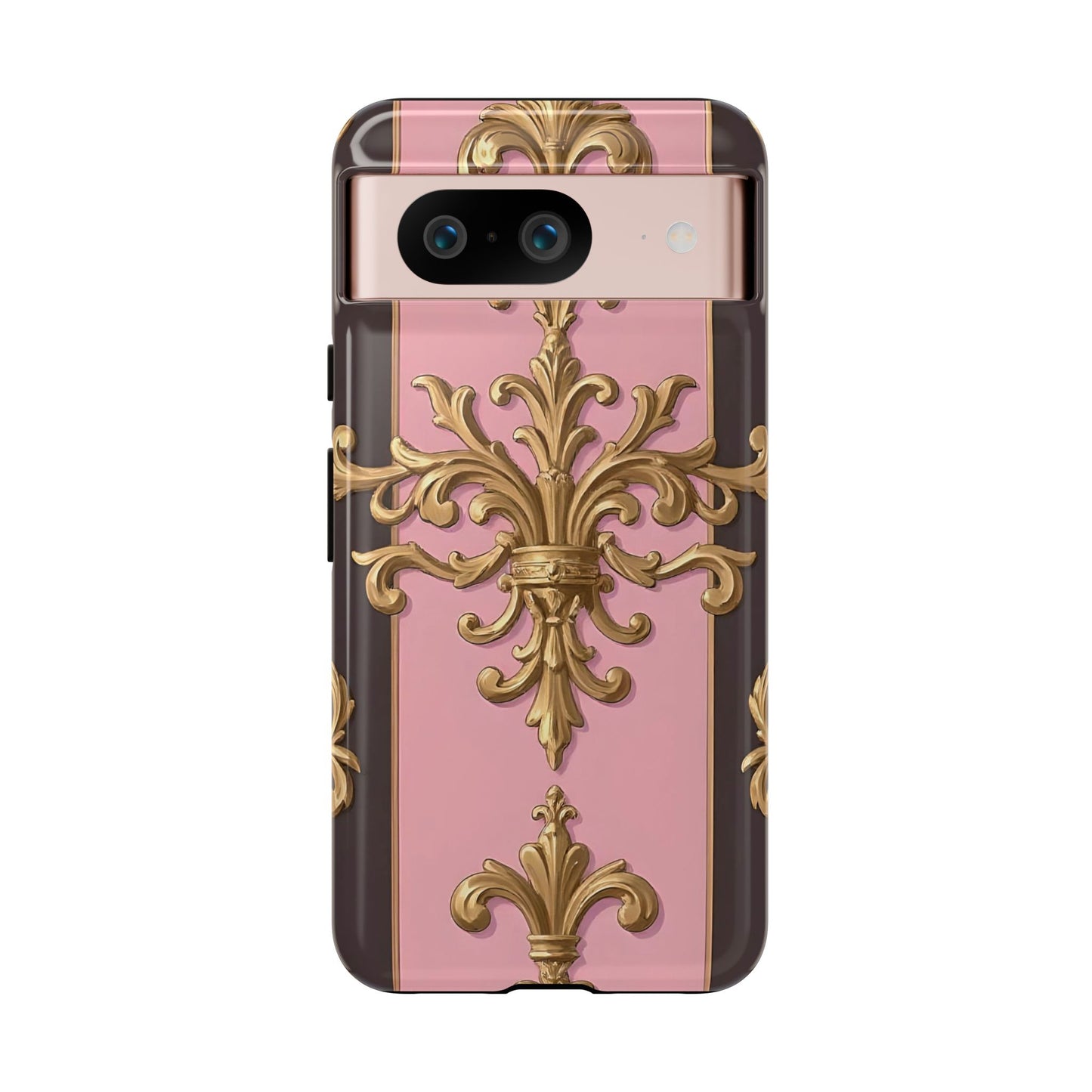 Elegant Floral Motif Phone Case - Tough Cases with Vintage Design - Pink & Brown Striped Gold Damask