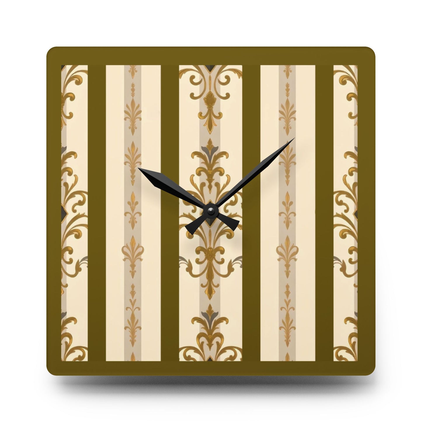 Bohemian Damask-Inspired Acrylic Wall Clock with Floral Design - Olive Striped Gold Damask