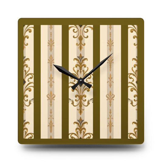 Bohemian Damask-Inspired Acrylic Wall Clock with Floral Design - Olive Striped Gold Damask
