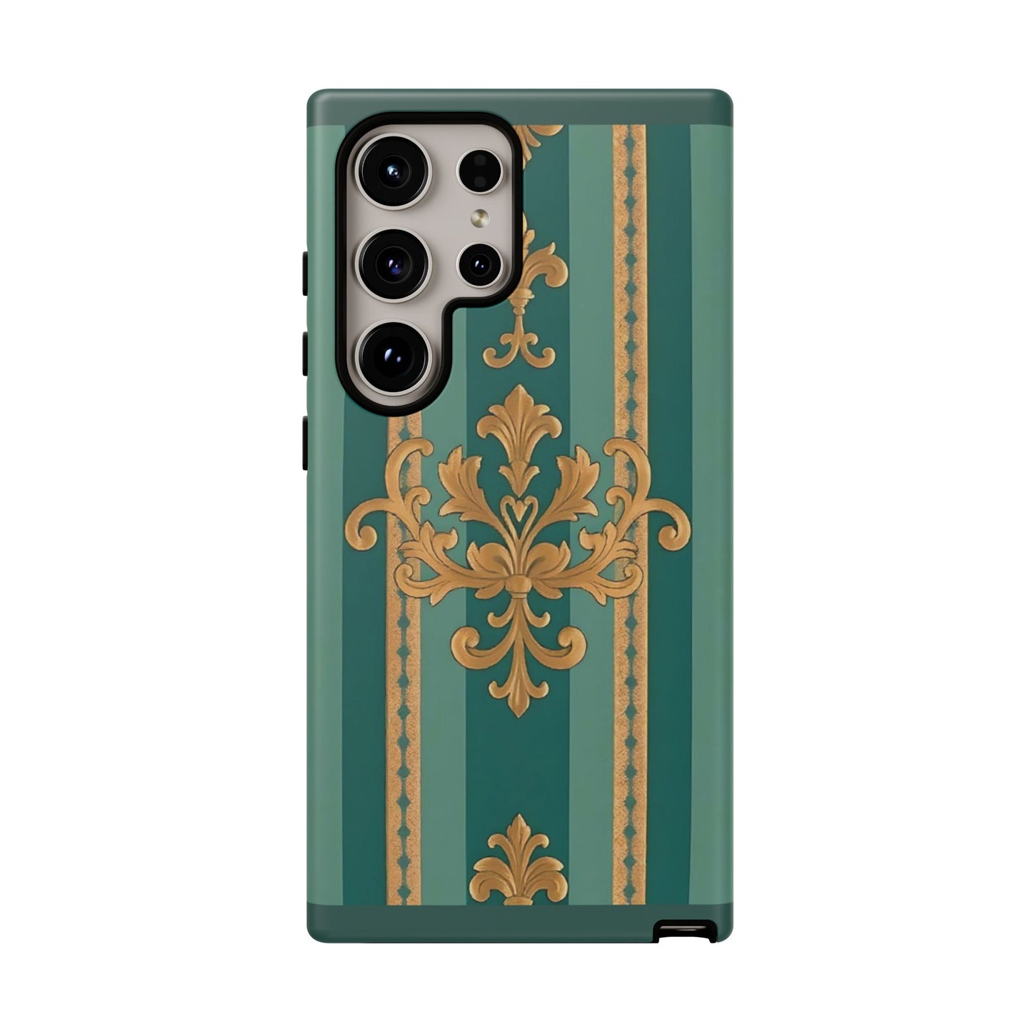 Elegant Floral Motif Phone Case - Tough Cases with Vintage Design - Teal Striped Gold Damask