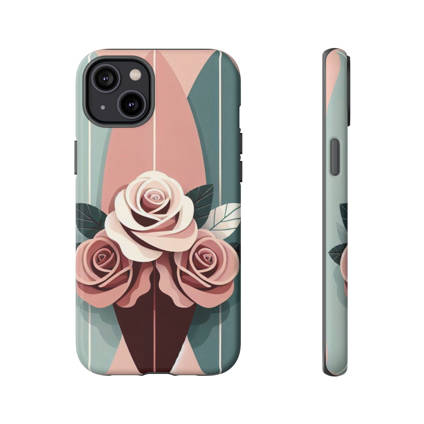 Phone Case - Burgundy, Matte Mauve & Teal Surfboard & Roses Design