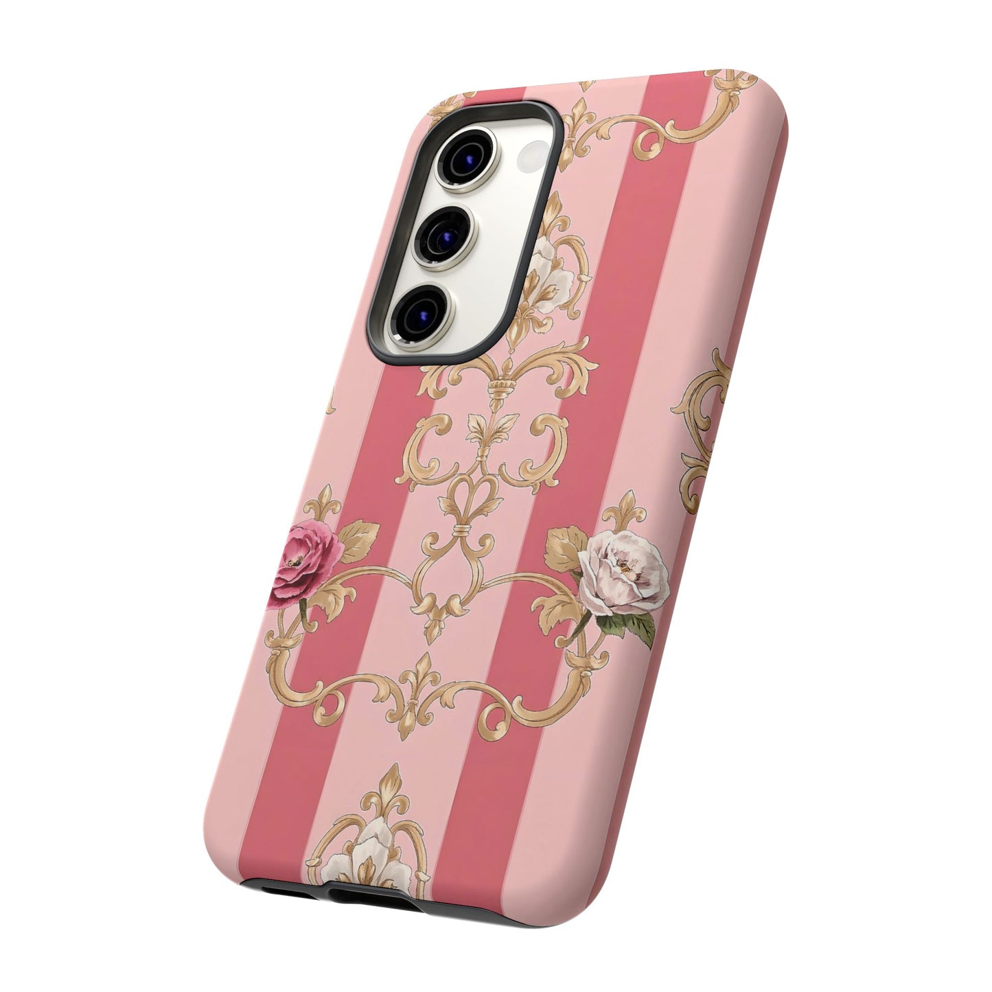 Elegant Floral Motif Phone Case - Tough Cases with Vintage Design - Pink Striped Roses & Damask