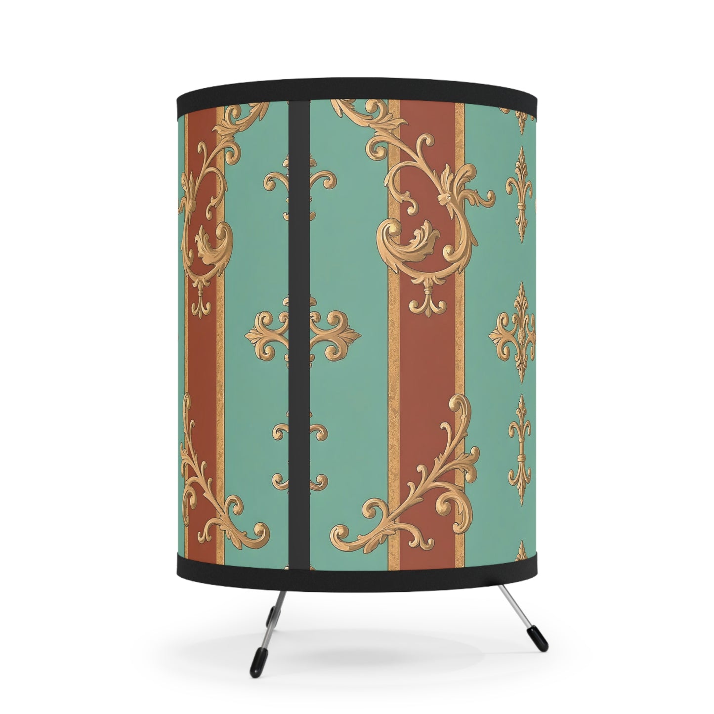 Elegant Tripod Lamp with High-Res Ornate Shade for Home Decor - Rust & Mint Aqua Striped Baroque