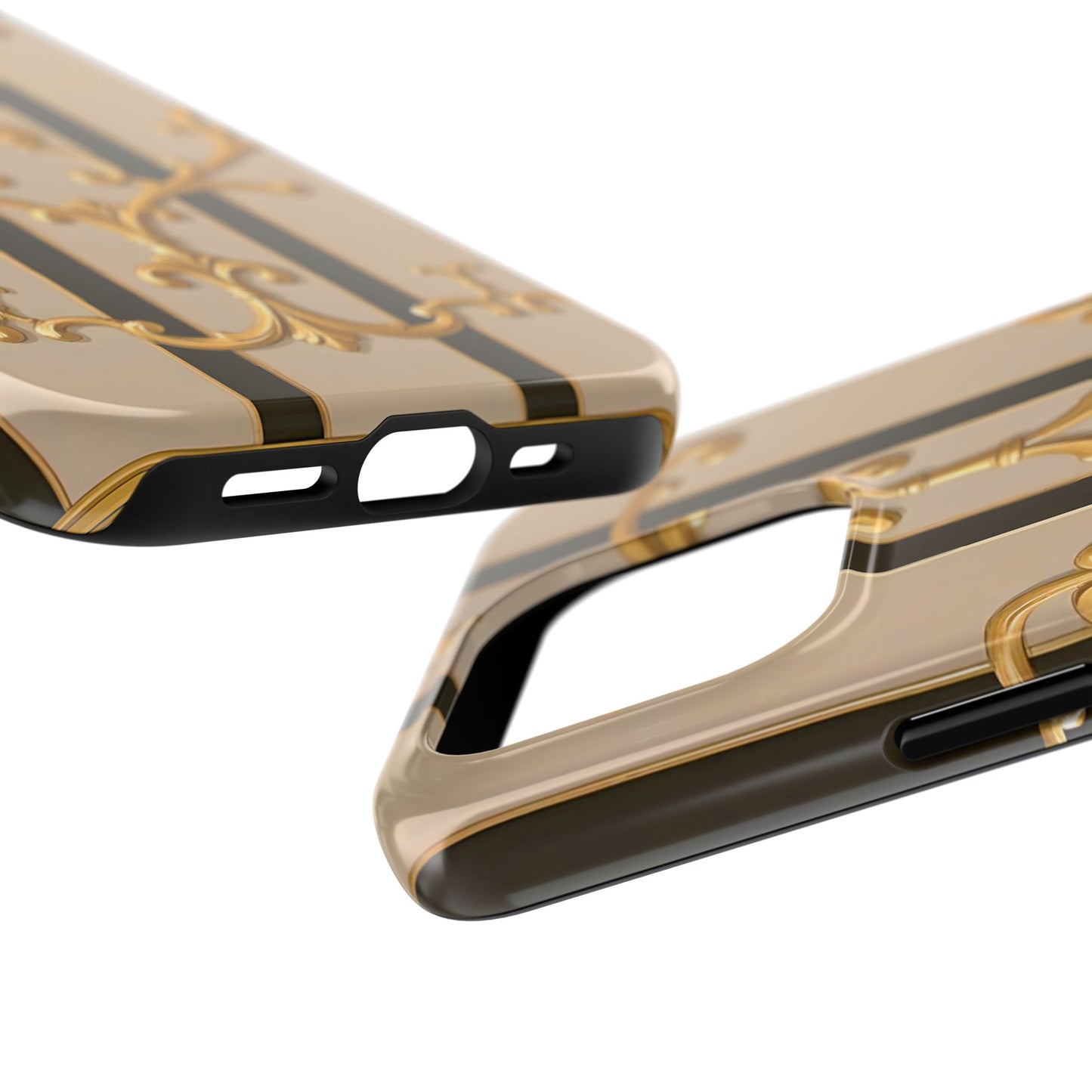 Elegant Vintage Tough Phone Case, Stylish Phone Cover, Boho Accessories, Perfect Gift for Her - Beige Striped Gold Rococo