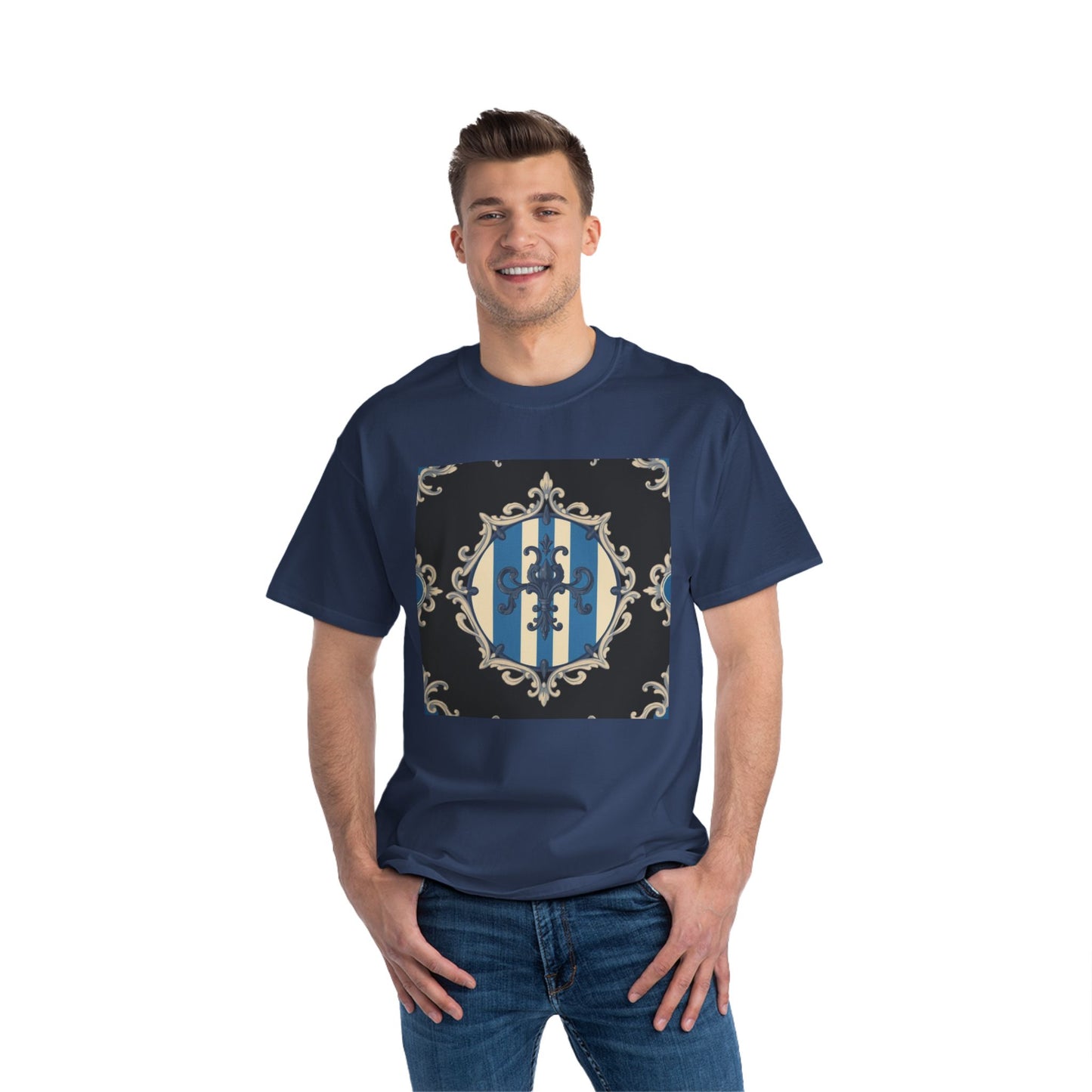 Elegant Blue & Alabaster Striped Baroque Short-Sleeve T-Shirt | Vintage Style, Graphic Tee, Casual Wear, Unisex Gift, Unique Design